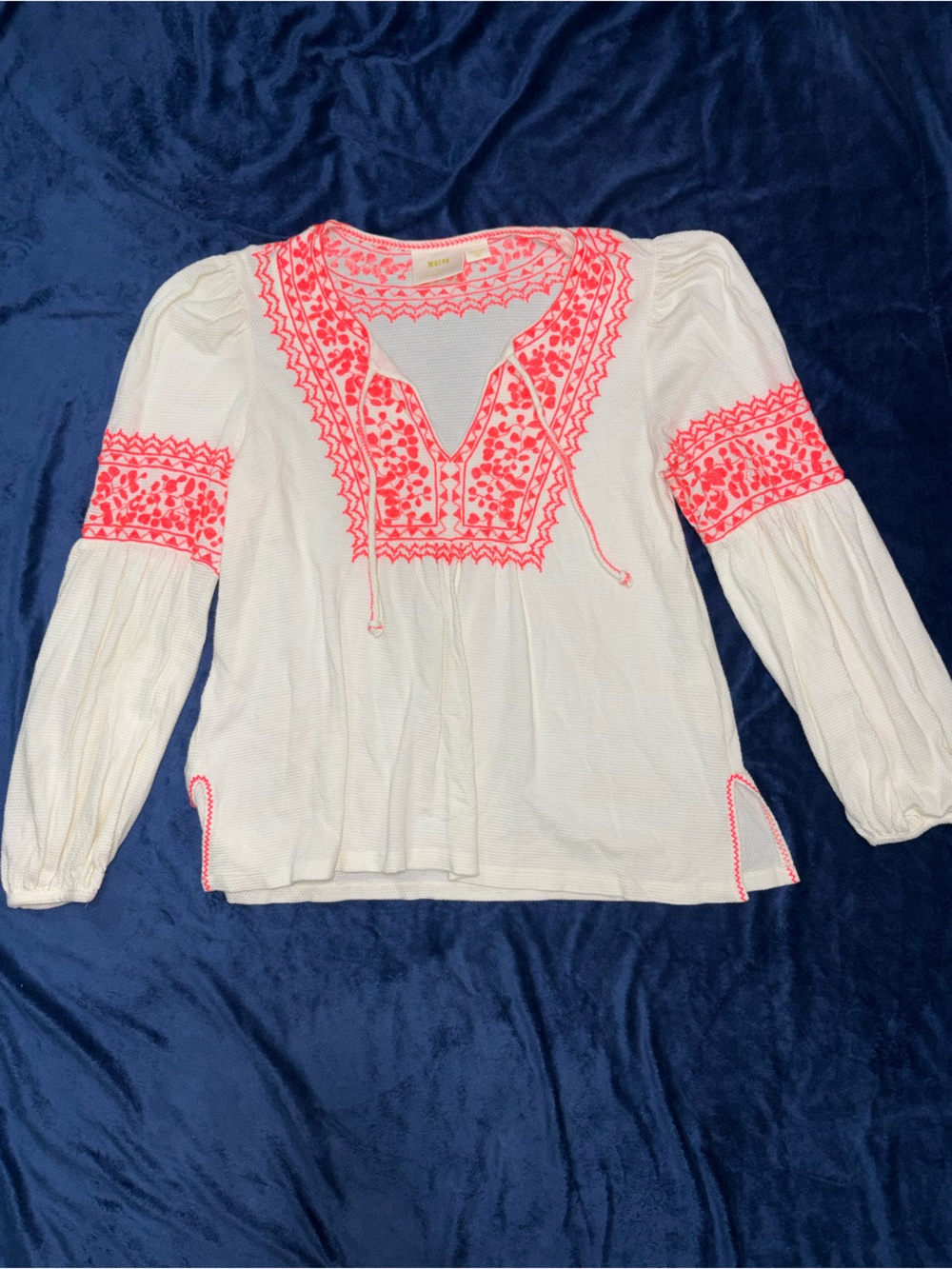 Maeve White Peasant Blouse with Neon Coral Embroidery Medium
